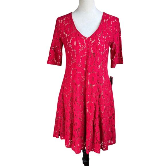 Julian Taylor NWT Red Floral Lace Sheer Nude Lining V-neck Trapeze Party Dress - Picture 2 of 14